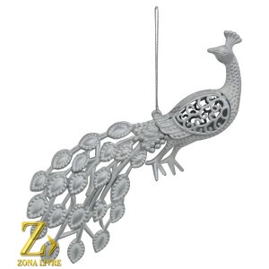 ENFEITE NATALINO PAVAO 20CM PRATA