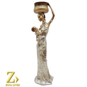 ESCULTURA EM RESINA IMPORTADA AFRICANA COM CRIANÇA DE COLO 30CM