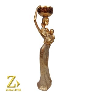 ESCULTURA EM RESINA IMPORTADA AFRICANA COM CRIANÇA DE COLO 30CM