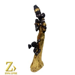 ESCULTURA EM RESINA IMPORTADA AFRICANA COM CRIANÇAS 28CM DOURADA