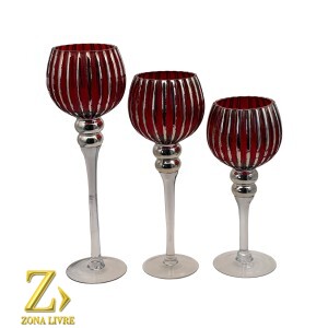 JOGO 3 CASTIÇAIS VERMELHO PRATA 30 / 35 / 40CM