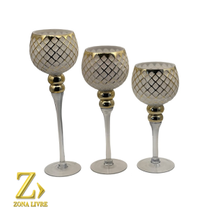 JOGO DE 3 CASTIÇAL BRANCO/PRATA  30 / 35 / 40CM